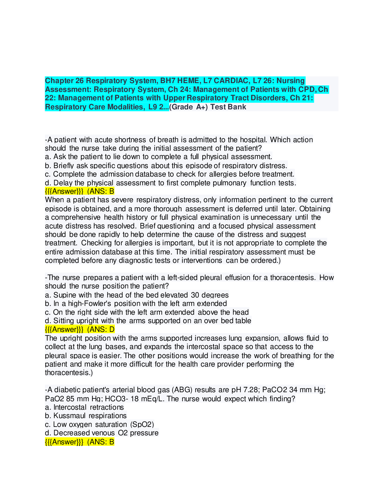 Preview of Chapter 26 Respiratory System, BH7 HEME, L7 CARDIAC, L7 26: Nursing Assessment: Respirator